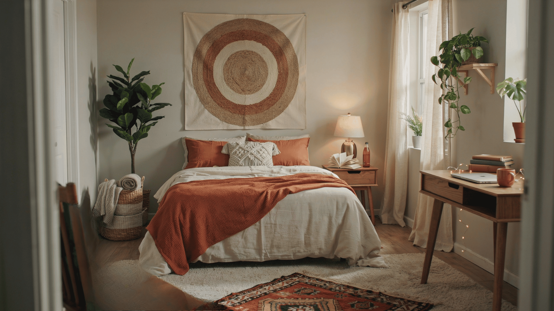 Boho dorm room with plants, woven baskets, earth-tone bedding, and a tapestry for a warm relaxed look.