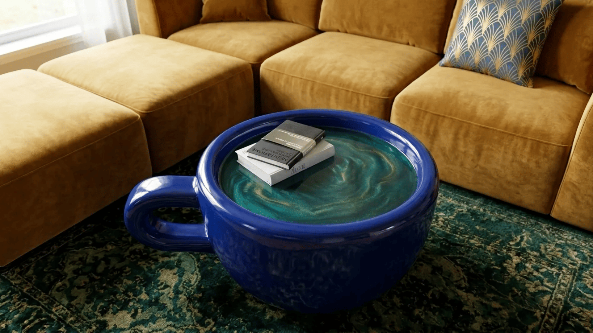 Bold coffee cup statement coffee table with glossy blue finish and books on top.