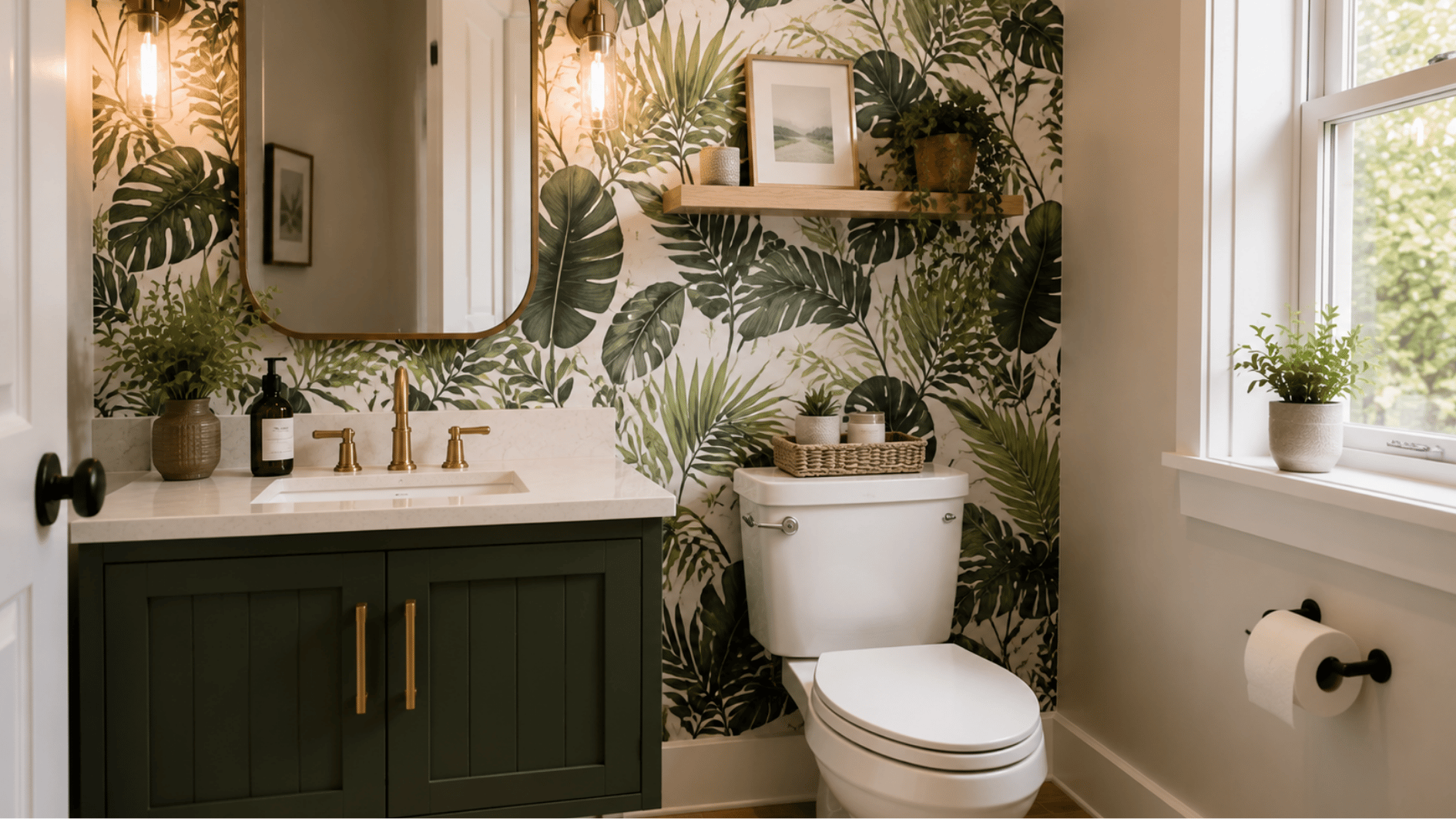 \botanical wallpaper accent wall in a small powder room with vanity and toilet