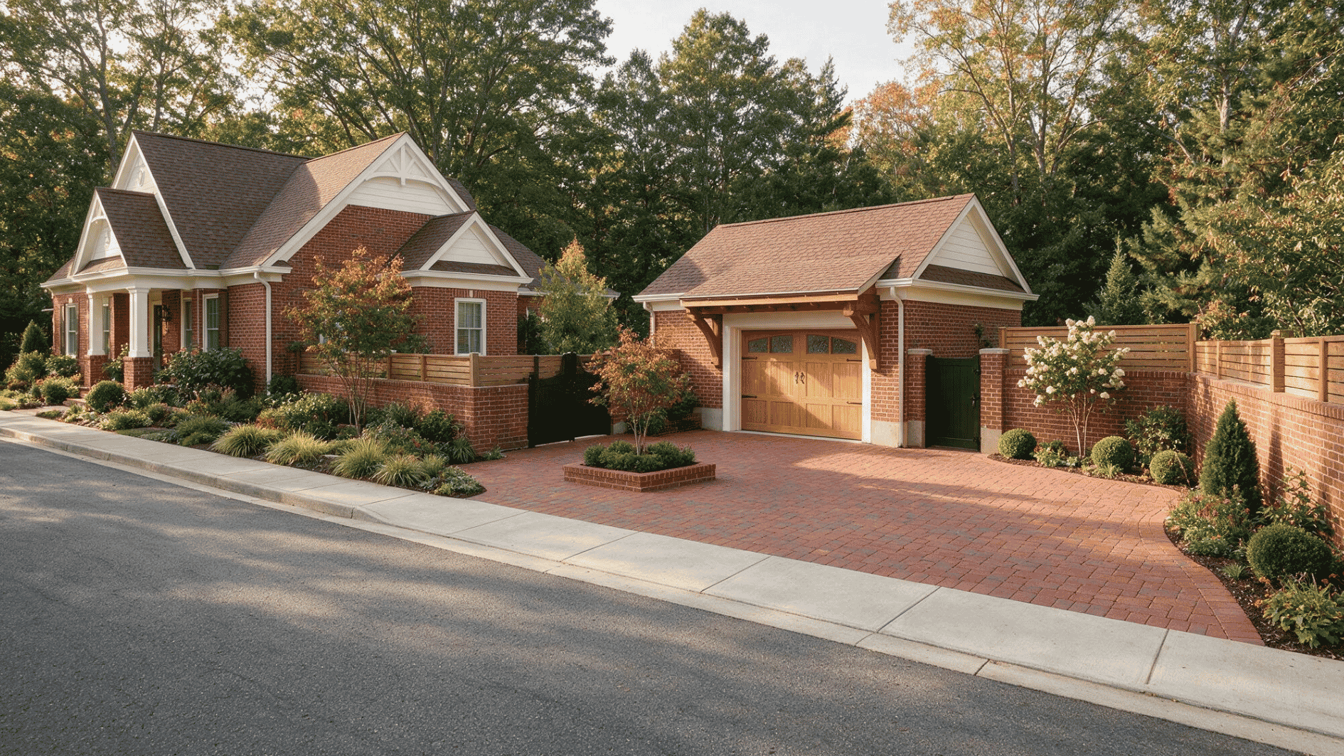 brick home with a detached courtyard garage wooden door red paving privacy walls trees and a landscaped garden