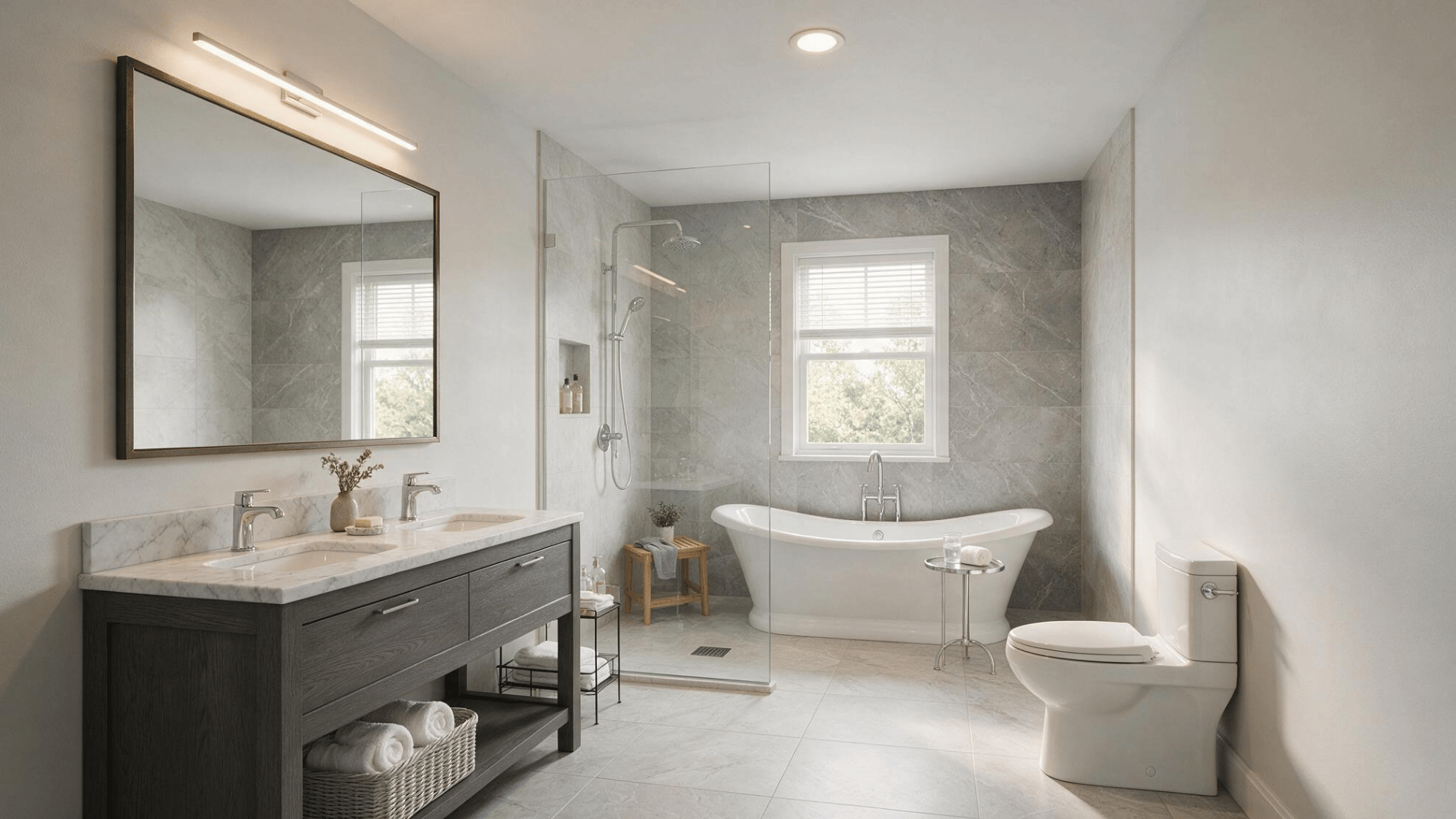 bright bathroom with double vanity glass shower freestanding tub toilet gray tile and sunlit large rear window