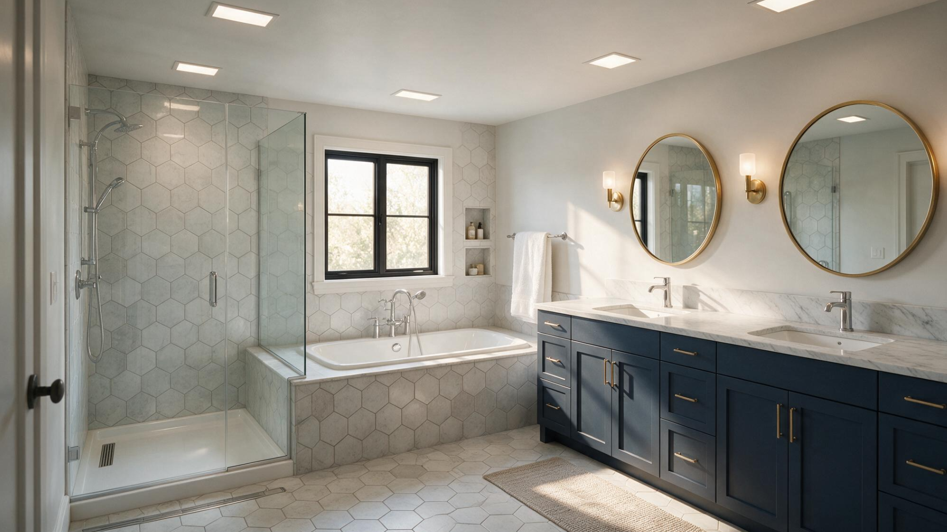 bright bathroom with navy double vanity glass shower built in tub round mirrors and pale hexagon tile flooring
