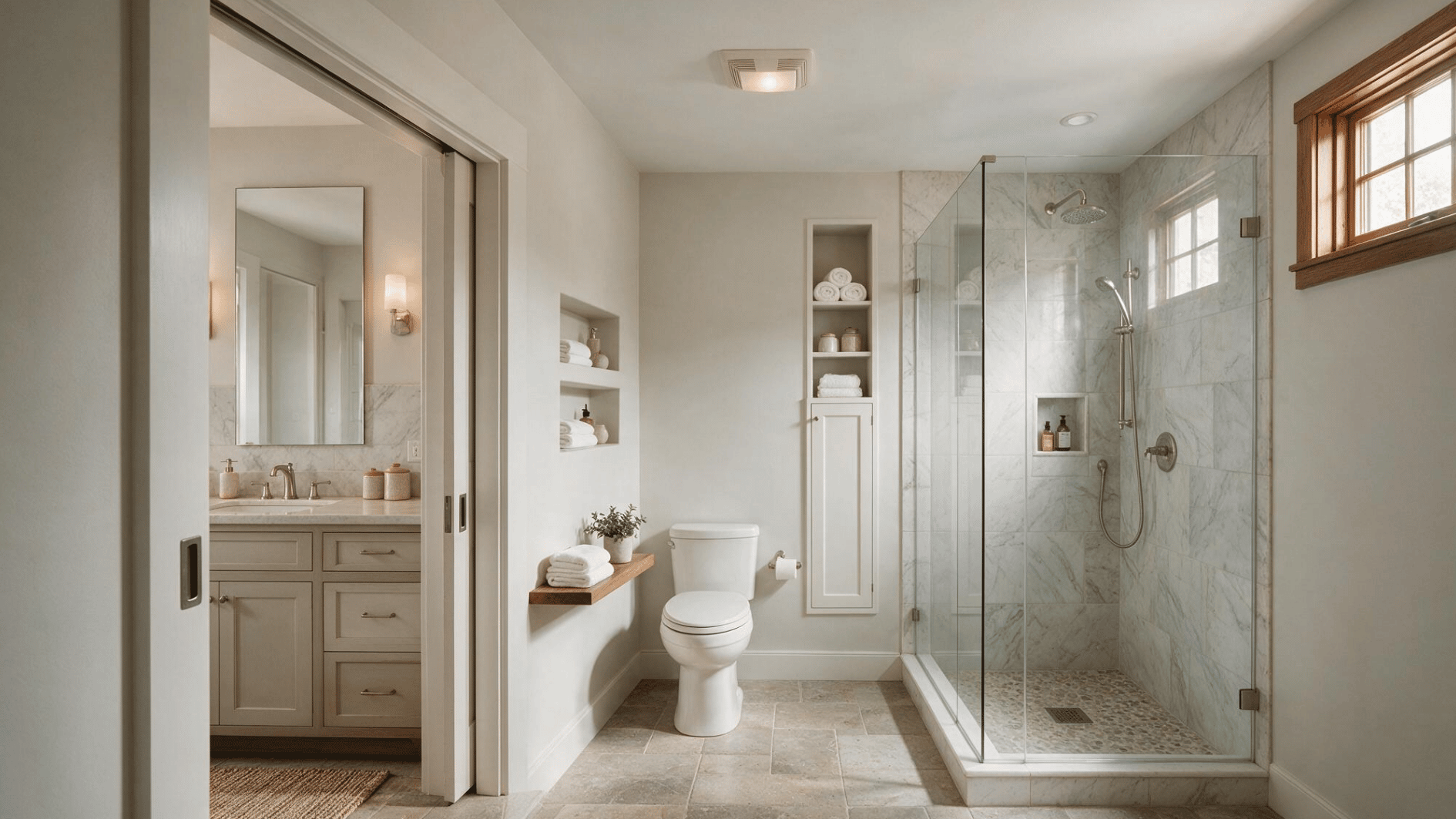 bright bathroom with pocket door vanity toilet glass shower marble tile built in shelves and warm wooden trims