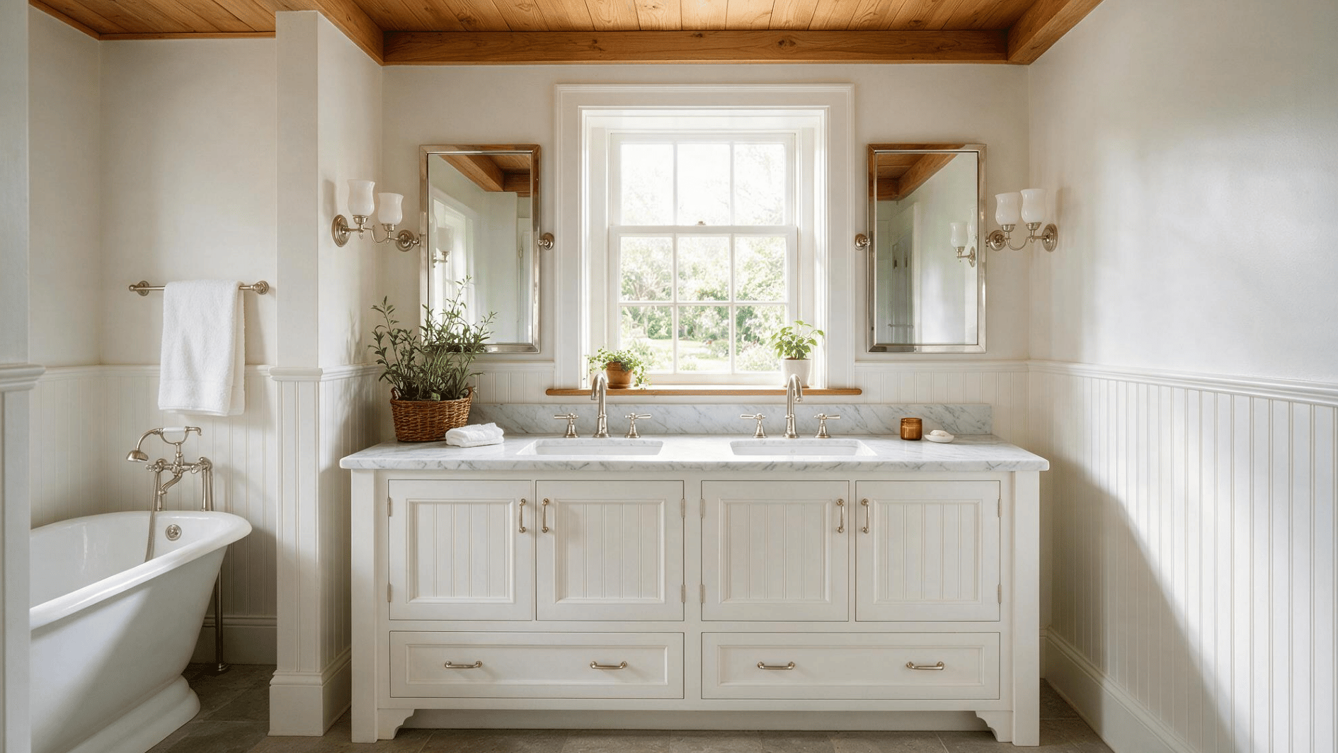 bright bathroom with white beadboard double vanity marble counter clawfoot tub wood ceiling and natural lights