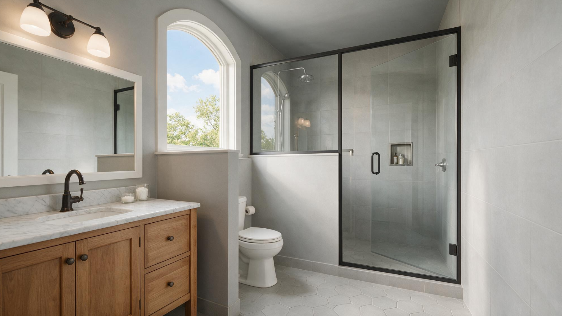 bright bathroom with wood vanity half wall toilet black framed glass shower and tall arched window gray tiling