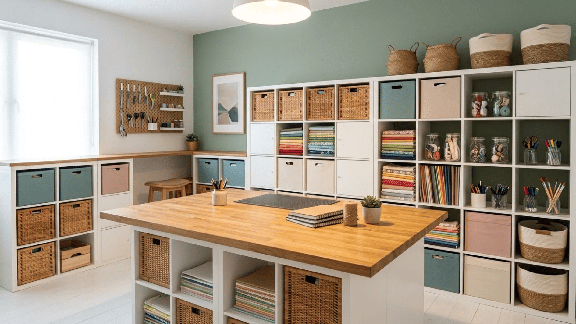 bright craft room with cube storage woven baskets colorful fabrics wide worktable and neatly arranged supplies (1)