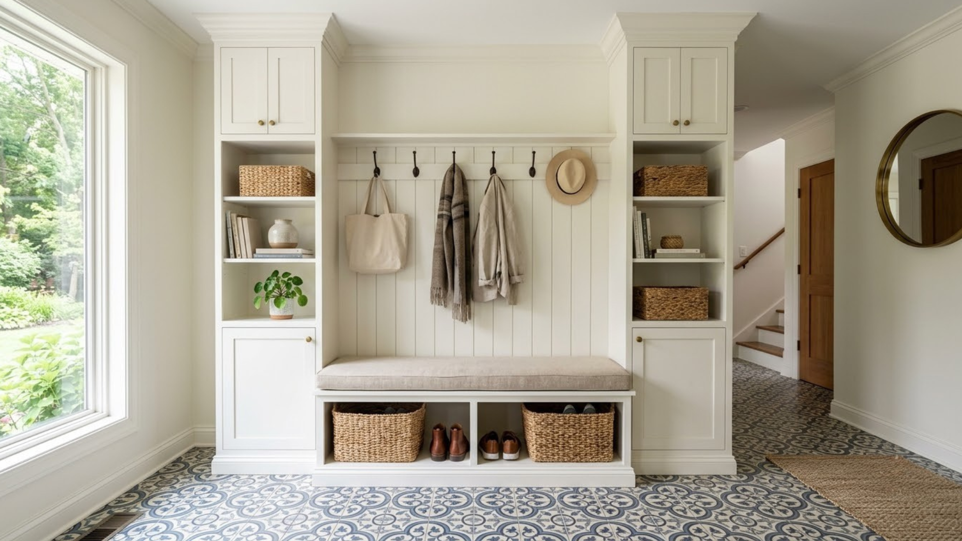 bright entry built in with oak bench coat hooks shelves woven baskets shoe storage and patterned tile flooring