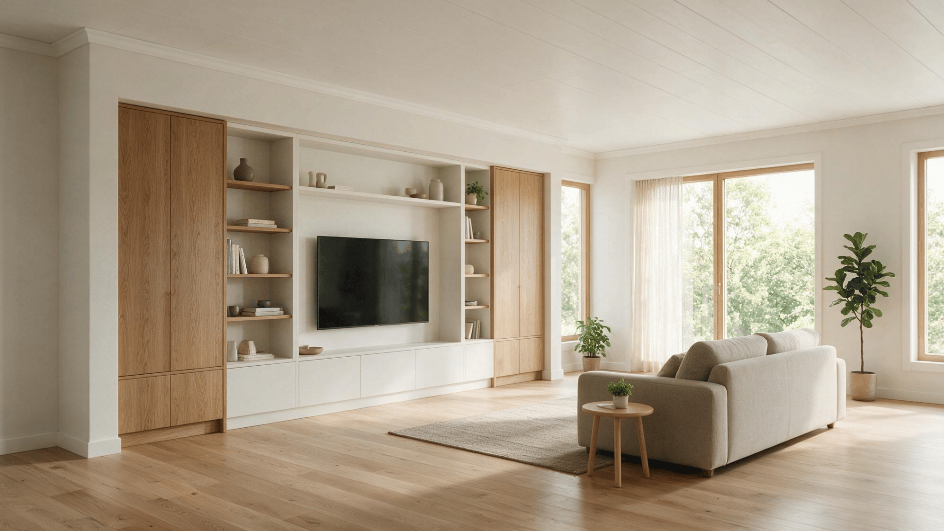 bright modern living room with oak floors built in media wall beige sofa large windows plants and neutral rugs