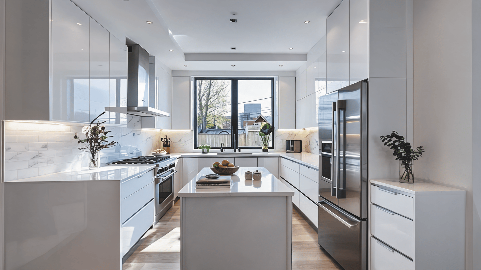 Bright white U shaped kitchen featuring connected cabinets, ample counters, and cohesive modern storage design.