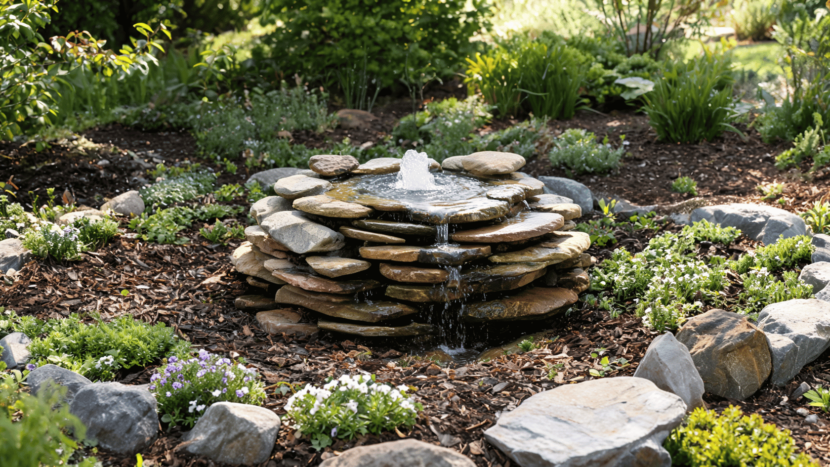 Gentle water bubbling between decorative rocks in a planted garden bed with hidden tubing.