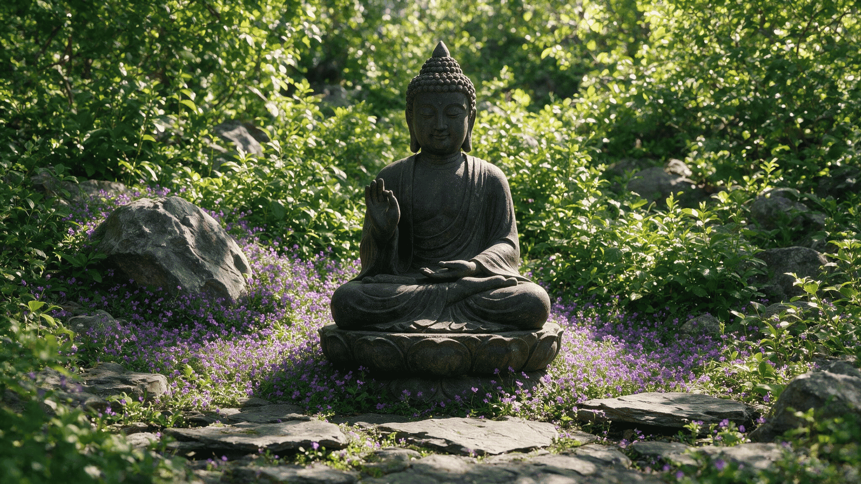 Buddha statue surrounded by greenery and flowers in a peaceful garden meditation setting.