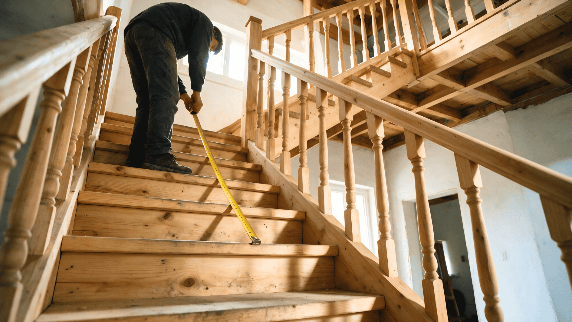 builder measuring wooden staircase rise and run with a tape measure during residential stair construction work