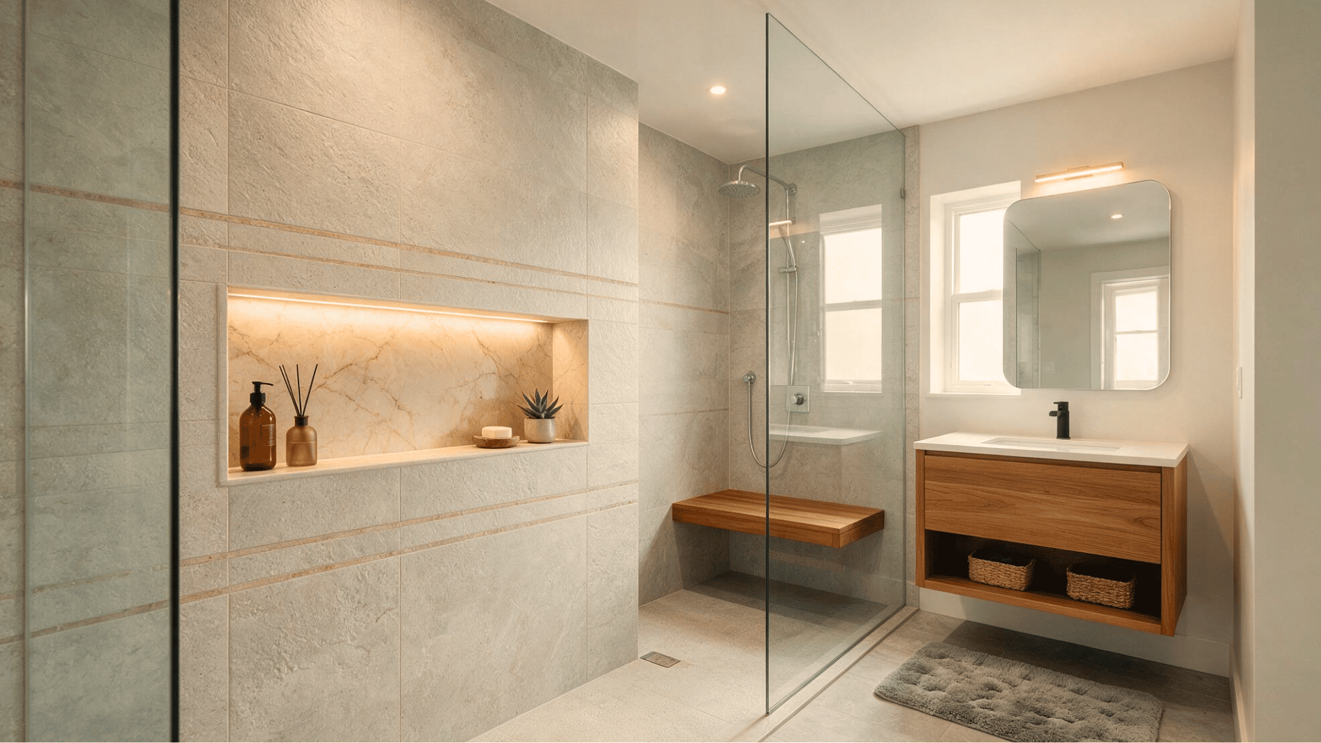 built in niche accent wall in a modern bathroom shower with led lighting and contrasting tiles