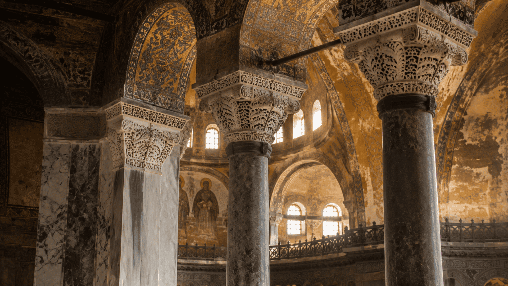 byzantine church columns with carved marble capitals and ornate arches