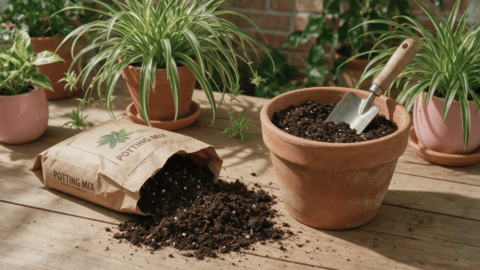 Container planting setup showing if can i use garden soil in pots with soil and gardening tools.