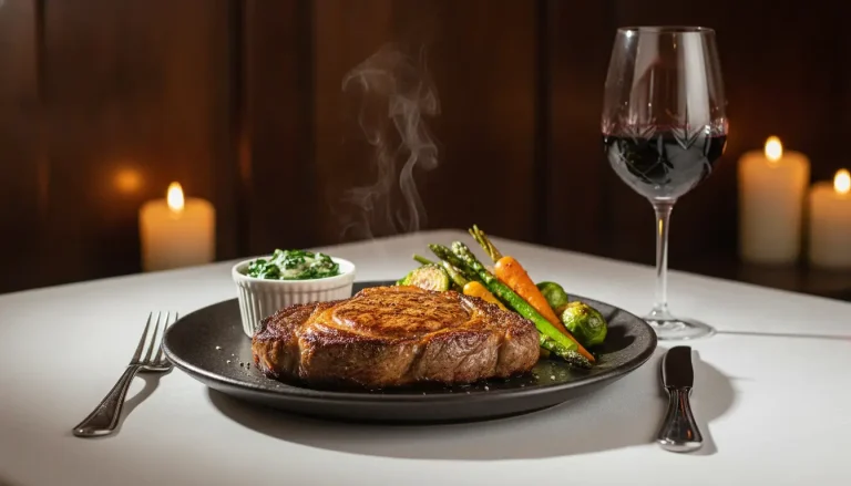 Grilled steak with vegetables and spinach dip on table with a glass of red wine and candles