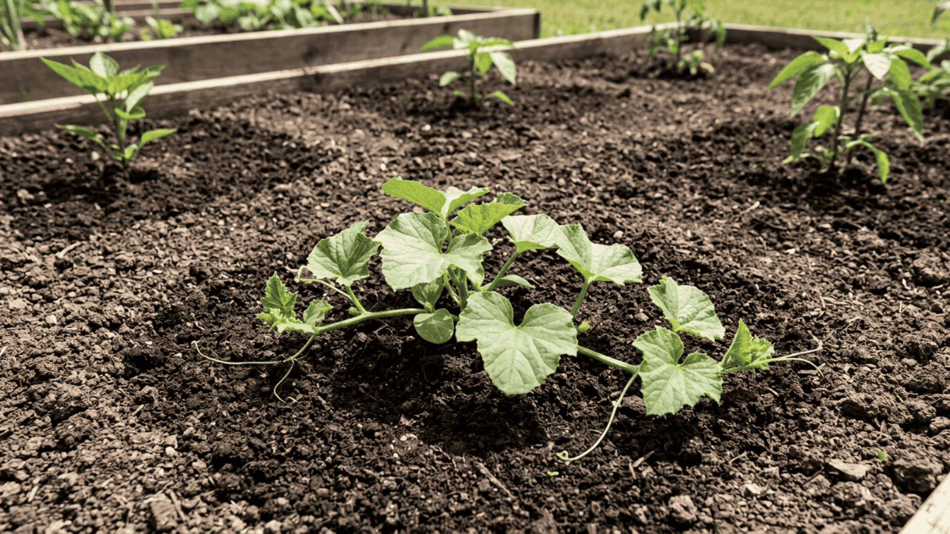 Cantaloupe plant growing in a sunny garden spot with open space and healthy green vines spreading across soil.