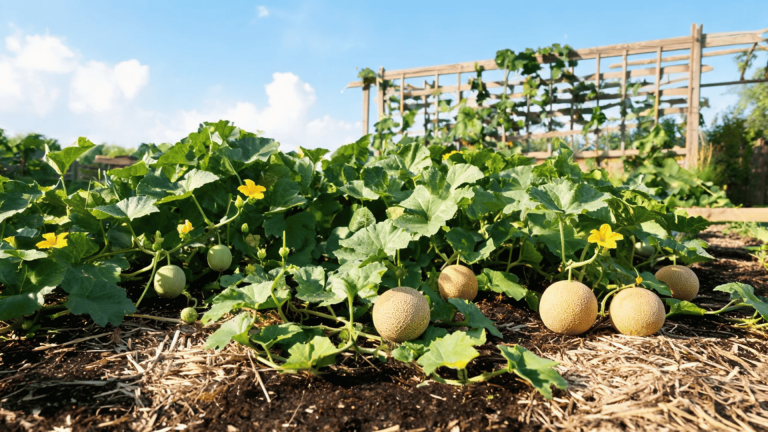 Healthy cantaloupe plant with green vines, yellow flowers, and ripe melons growing in a sunny garden.