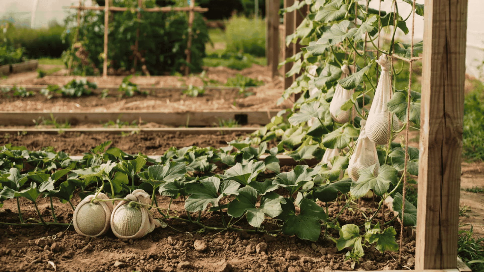 Cantaloupe vines growing on a trellis with developing melons supported by soft slings in a garden.