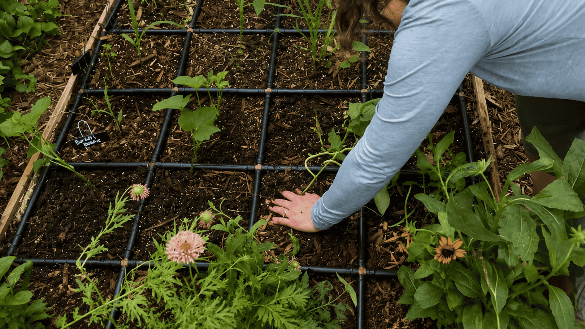 gardener tending healthy sweet potato vines growing across a raised garden bed with surrounding flowers