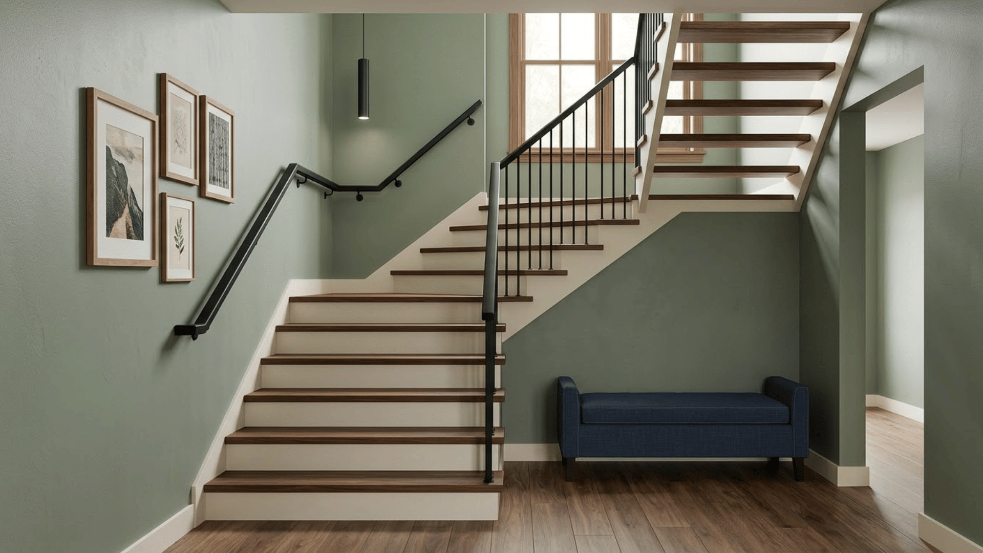 centered home staircase with walnut treads black railings sage walls and warm wood flooring in daylight
