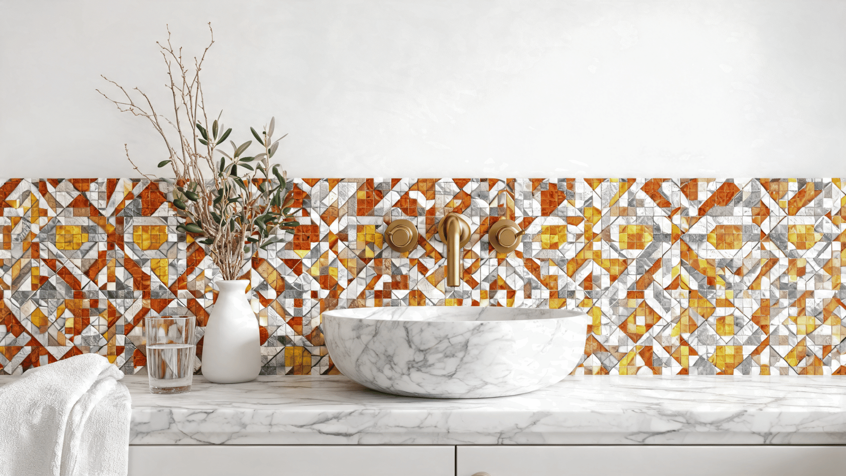 Ceramic mosaic wall panels with colorful geometric tiles behind a bathroom vanity and marble sink