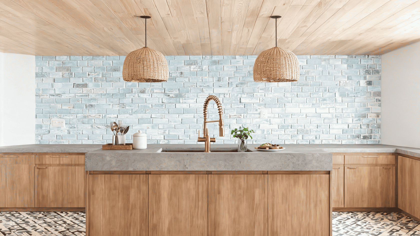 Kitchen with blue ceramic wall tile panels, wooden cabinets, island counter, pendant lights, and sink area.