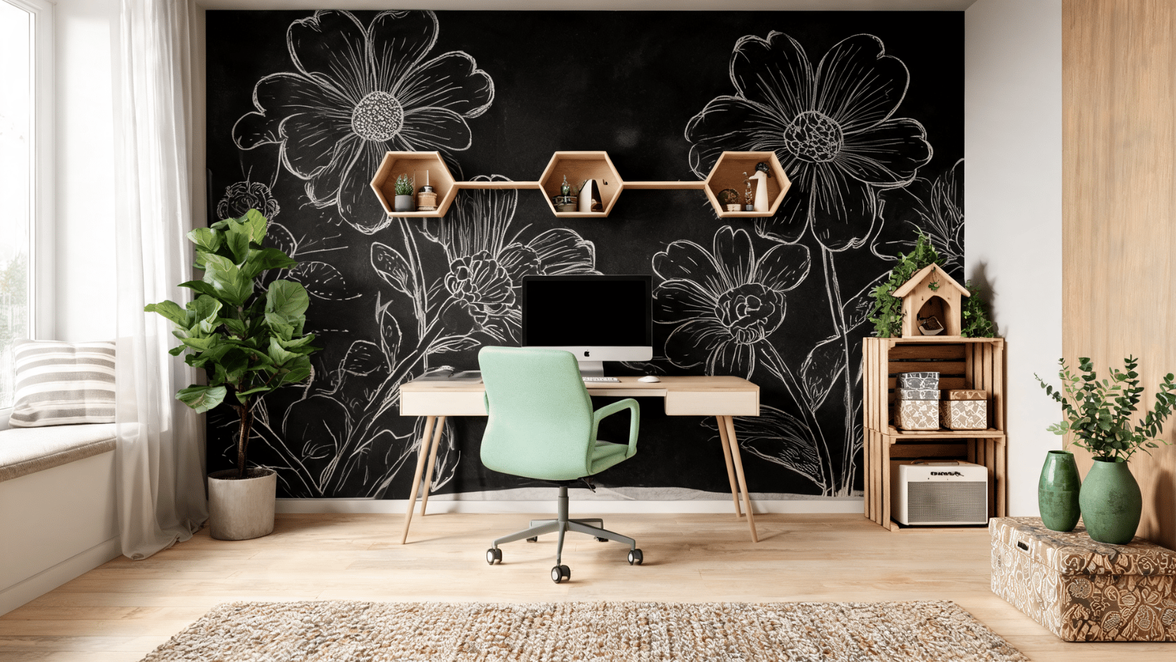 Chalkboard wall panels with floral drawings behind a home office desk and shelving unit
