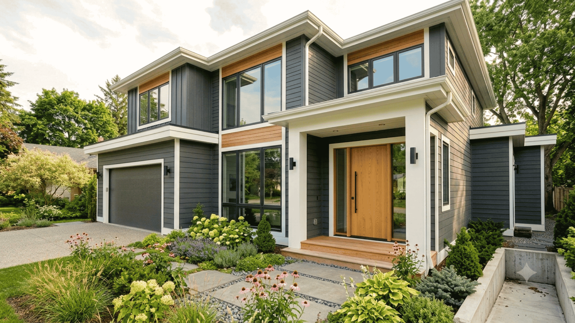 Charcoal gray home exterior with white trim, wood door, and modern architectural details.