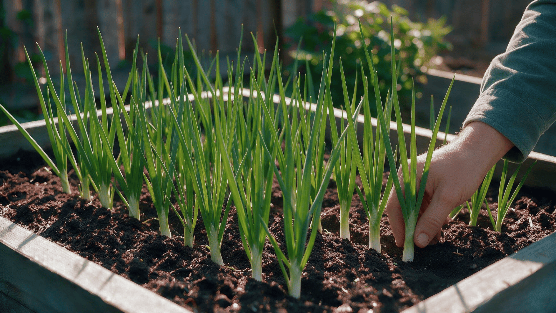 gardener inspecting mature green onion plants with healthy leaves before harvest time
