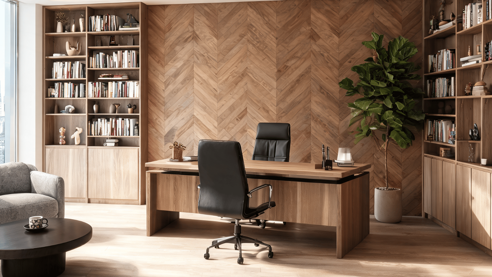 Chevron wall panels with wood pattern behind a desk in a modern home office with built-in shelves