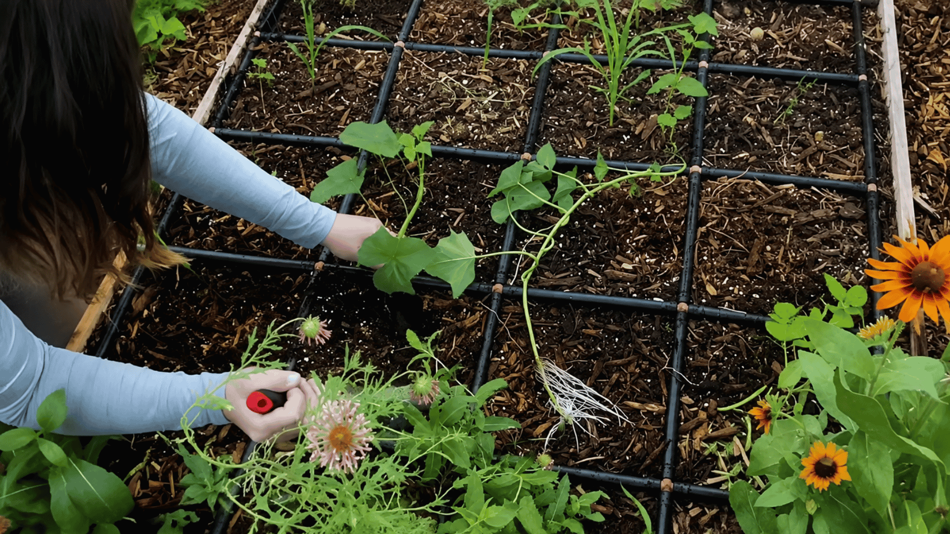 gardener planting sweet potato slips in a sunny raised bed with loose soil and proper spacing