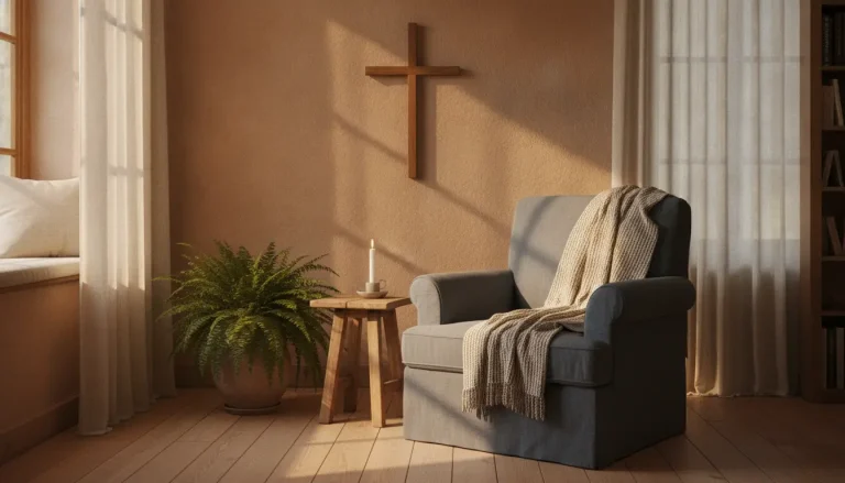 Cozy living room with gray armchair, wooden side table, candle, and potted fern under warm lighting