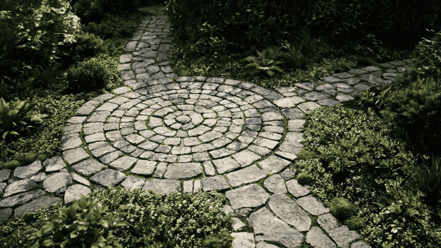 Circular stone pattern walkway surrounded by plants in a landscaped garden.