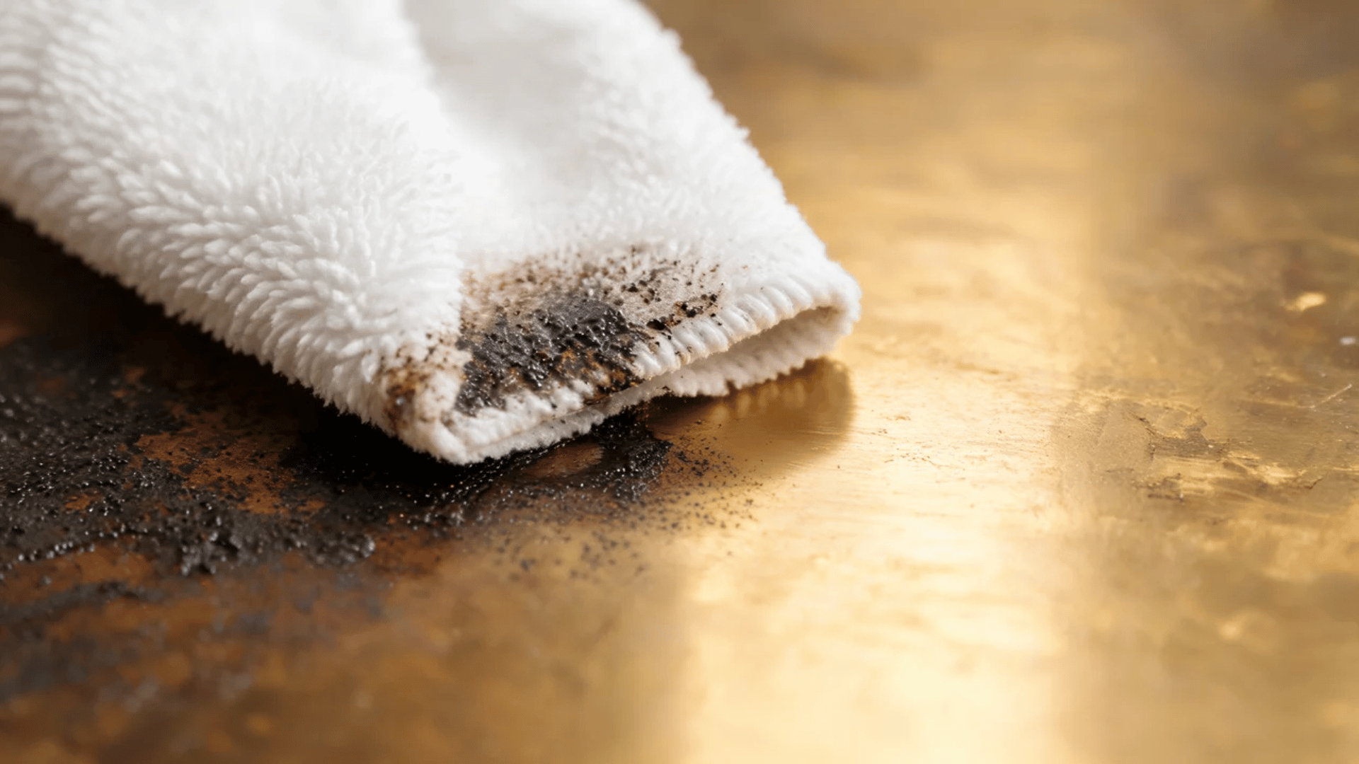 Clean cloth wiping away dark polish residue from a brass surface to reveal shine underneath