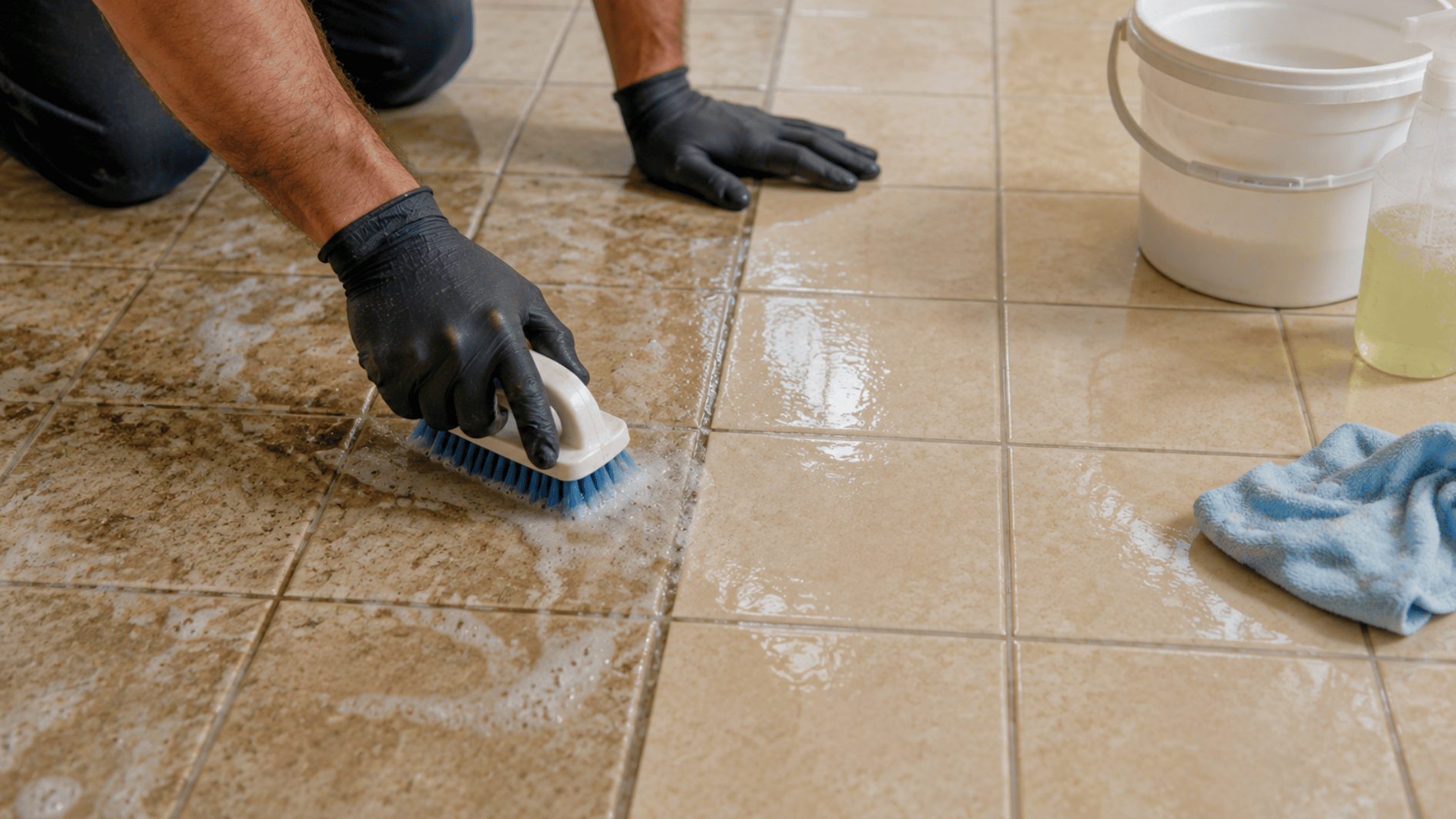 installer scrubbing an existing tile floor to remove dirt and residue before installing new tile