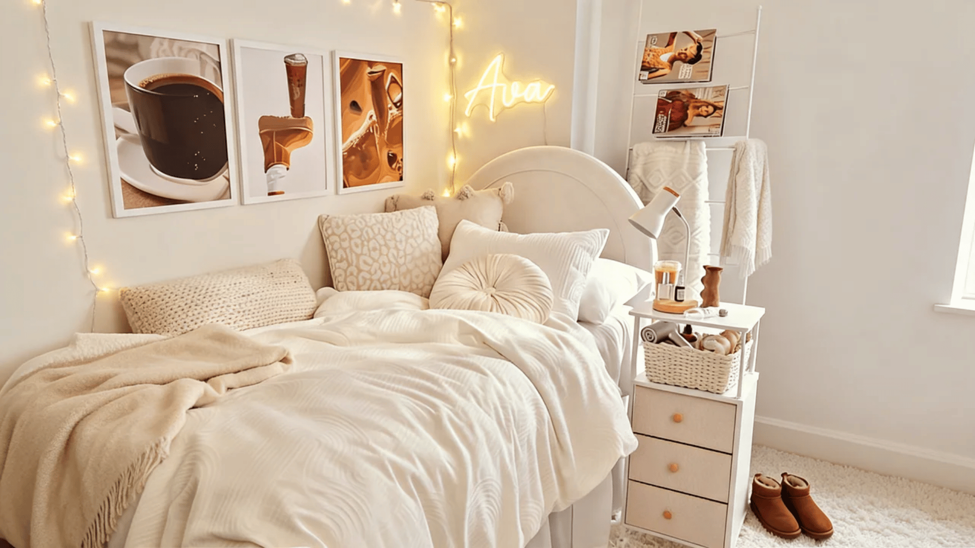 Clean girl dorm room with neutral bedding, a tidy desk, simple decor, and clutter-free surfaces.