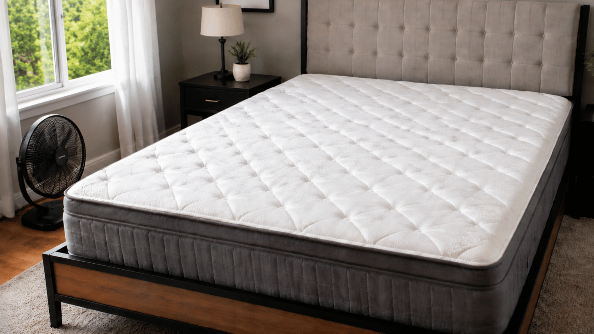 clean mattress drying with airflow from a fan in a bright bedroom