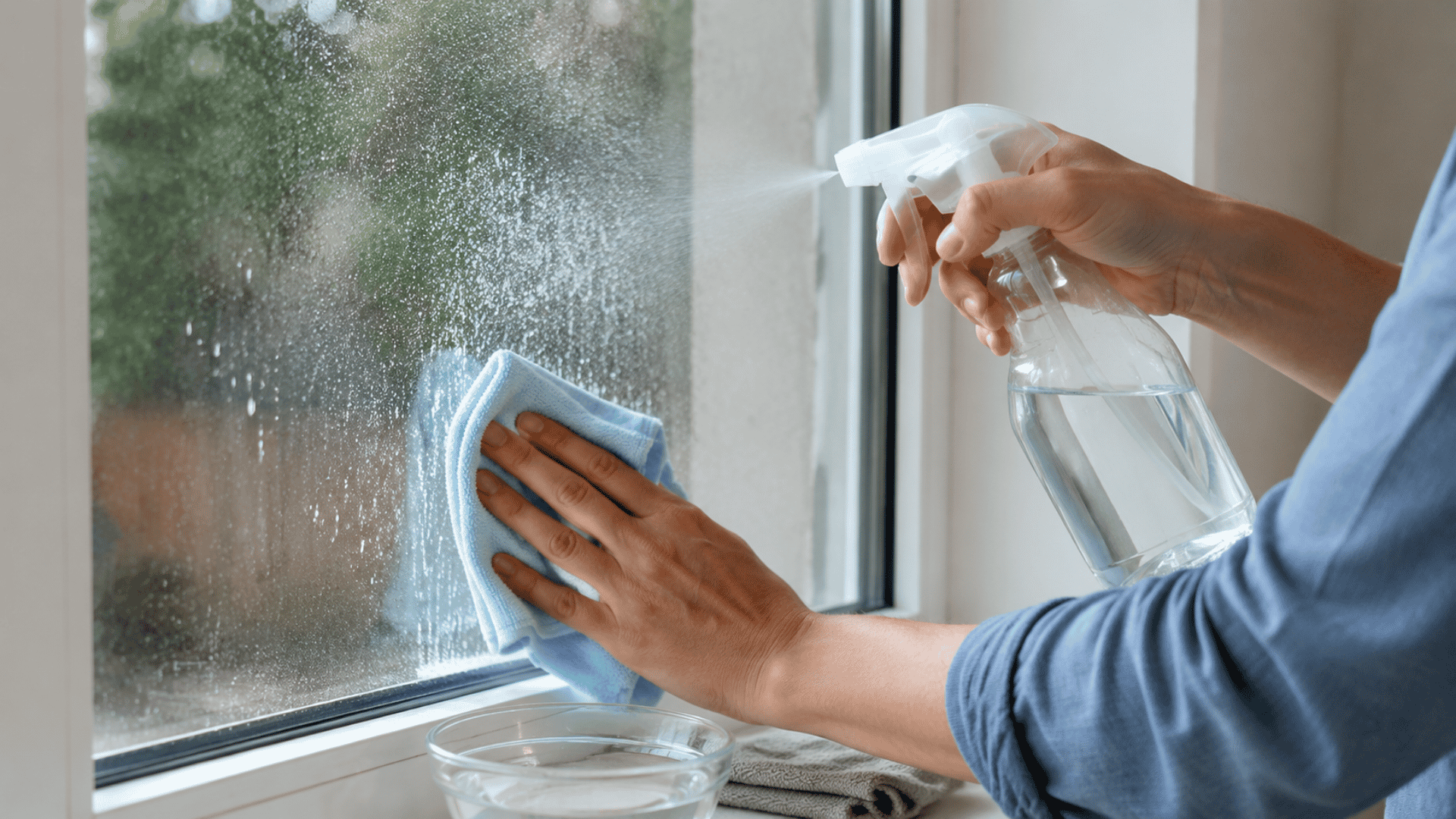 Cleaning glass with a diy window cleaner solution to remove hard water stains using a microfiber cloth.