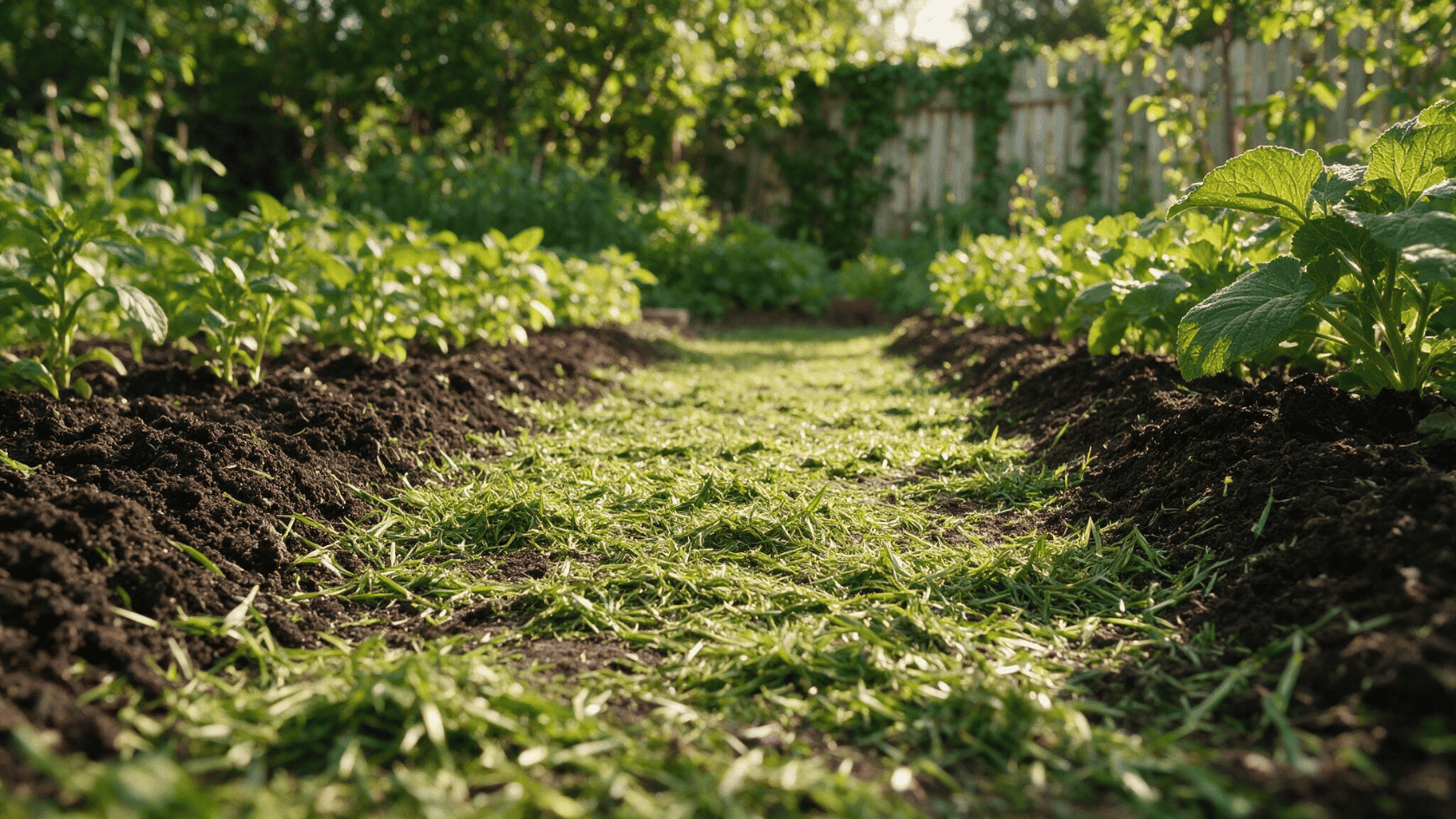 Clearing garden soil around plants before applying grass clipping mulch