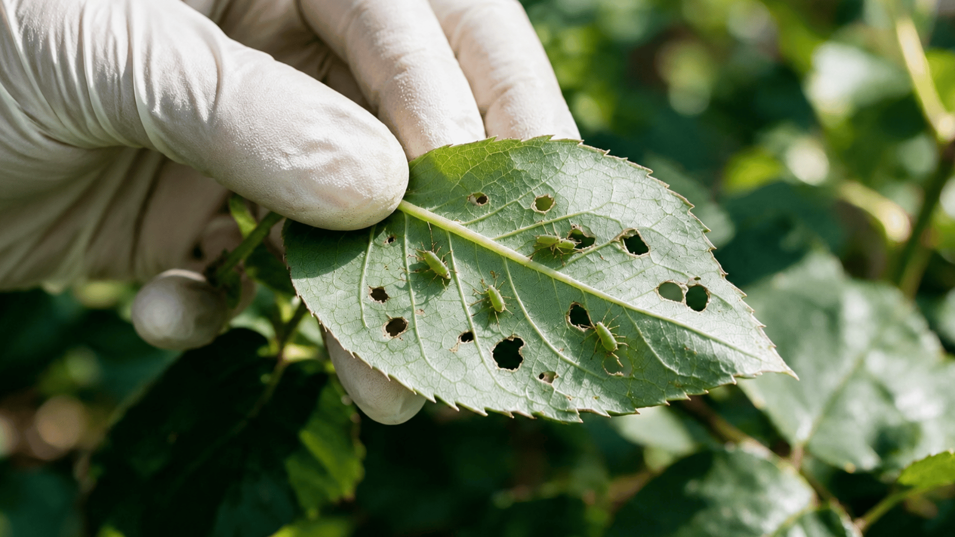 close up gloved hands inspecting green plant leaves for signs of aphid infestation and pest damage