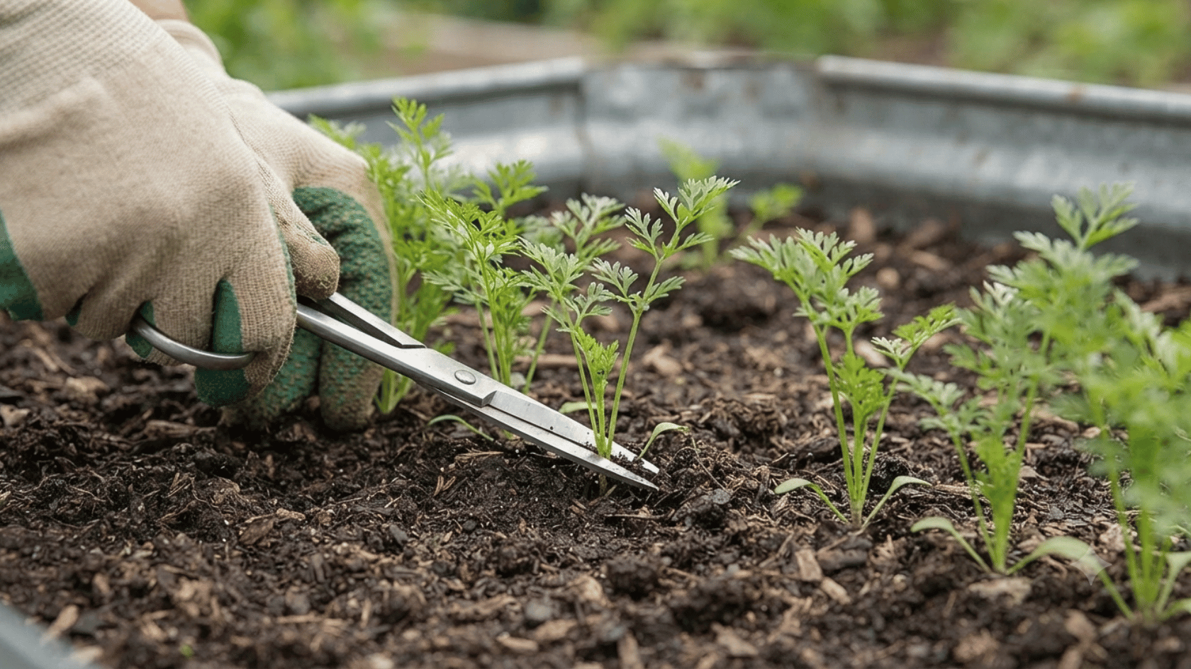 Close-up of small carrot seedlings being thinned with scissors, leaving properly spaced plants to grow.