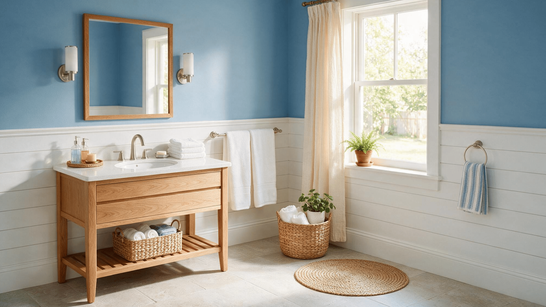coastal bathroom with blue walls white horizontal beadboard oak vanity woven baskets and bright daylight glows
