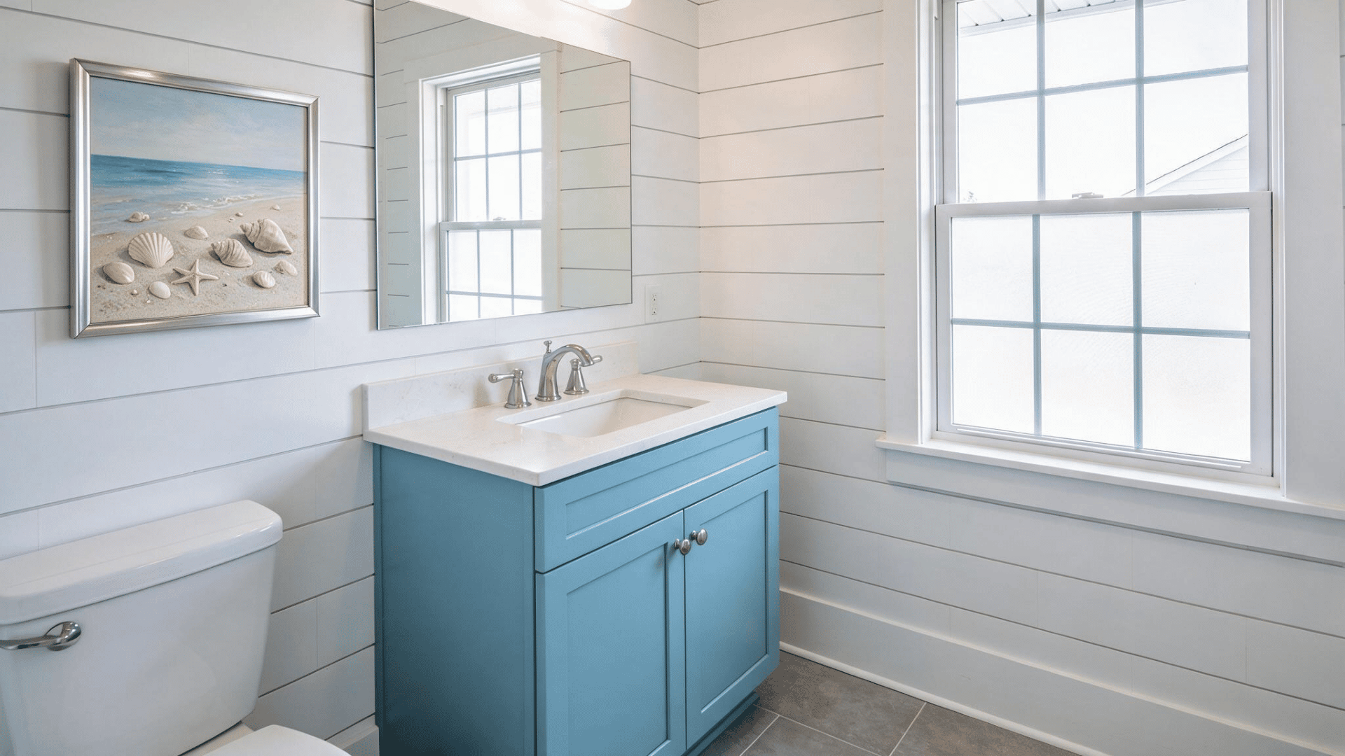 Coastal bathroom with teal vanity, shiplap walls, framed beach art, and a bright window.