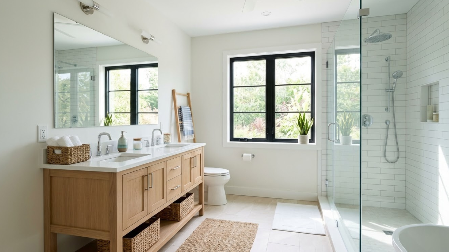 coastal bathroom with wood double vanity glass shower black framed windows white tile and bright natural light