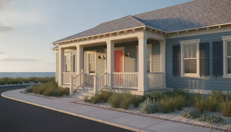 Coastal cottage with blue siding and red door, surrounded by dune grass in warm evening light