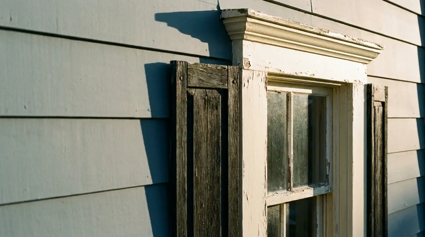 Weathered wooden shutter on vintage window with peeling white paint in warm sunlight