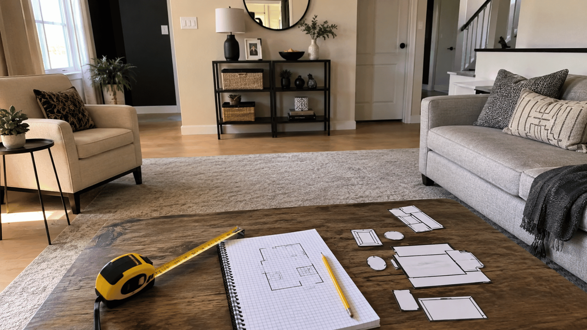 coffee table with tape measure, graph paper sketch, and paper furniture cutouts