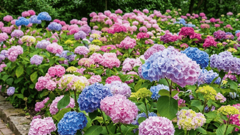 When to plant hydrangeas with colorful blooms in a thriving garden landscape showing healthy flowering shrubs.
