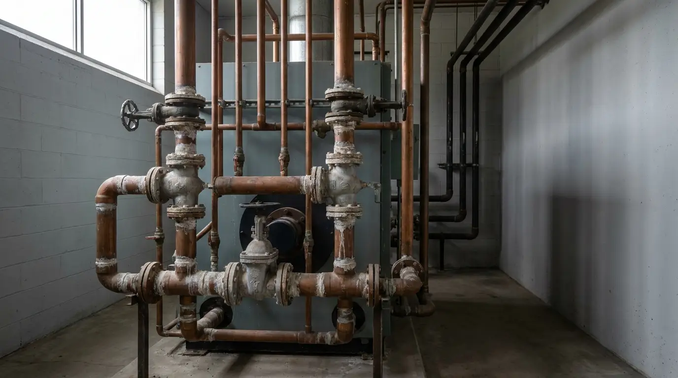 Industrial pipes and valves in a dimly lit boiler room with concrete walls